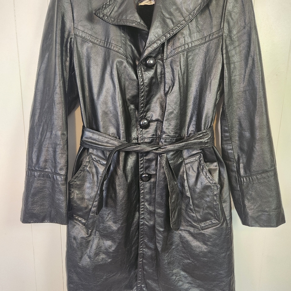 Vintage 1970s Long Black Leather Coat Jacket Mens size Medium Faux Fur Winter - Picture 6 of 16
